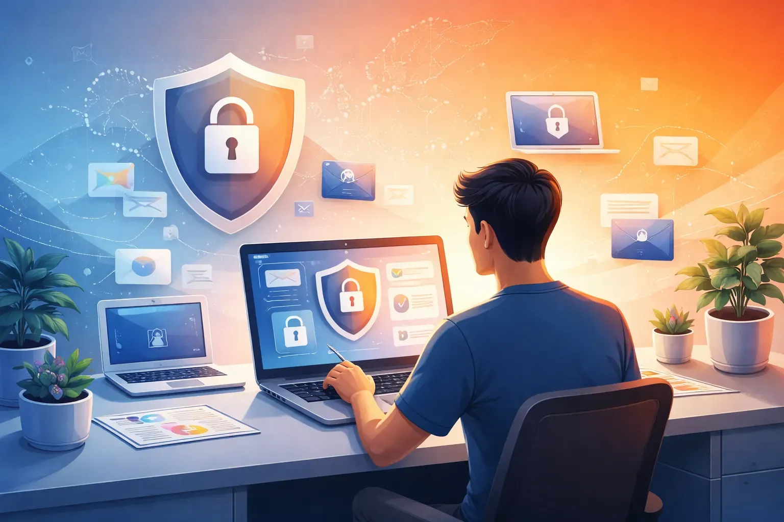 Illustration of a person managing email security and privacy on multiple devices, with encrypted email icons and digital protection symbols.