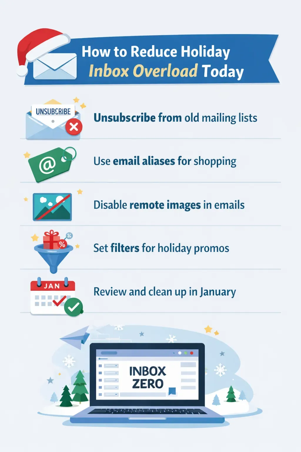 Illustration showing practical steps to reduce holiday inbox overload, including unsubscribing, using email aliases, and limiting tracking.