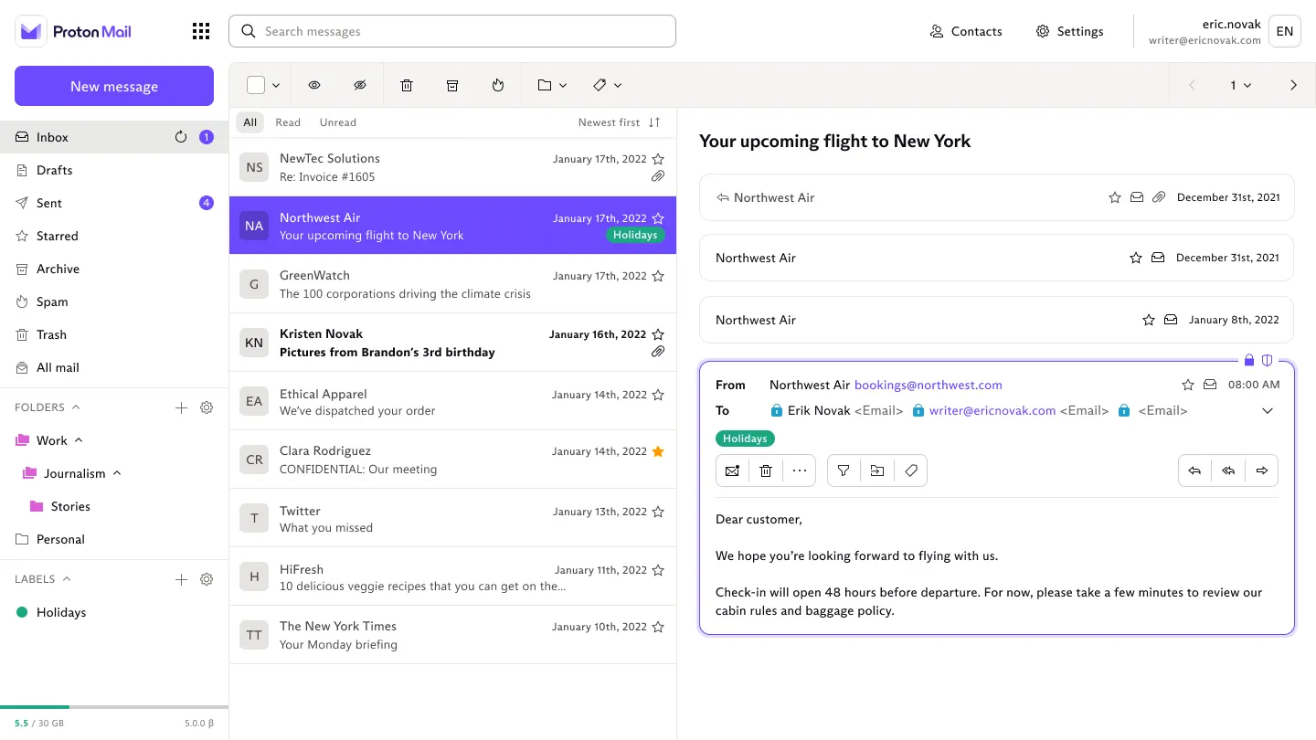 Proton Mail inbox dashboard showing multiple messages during the holiday period