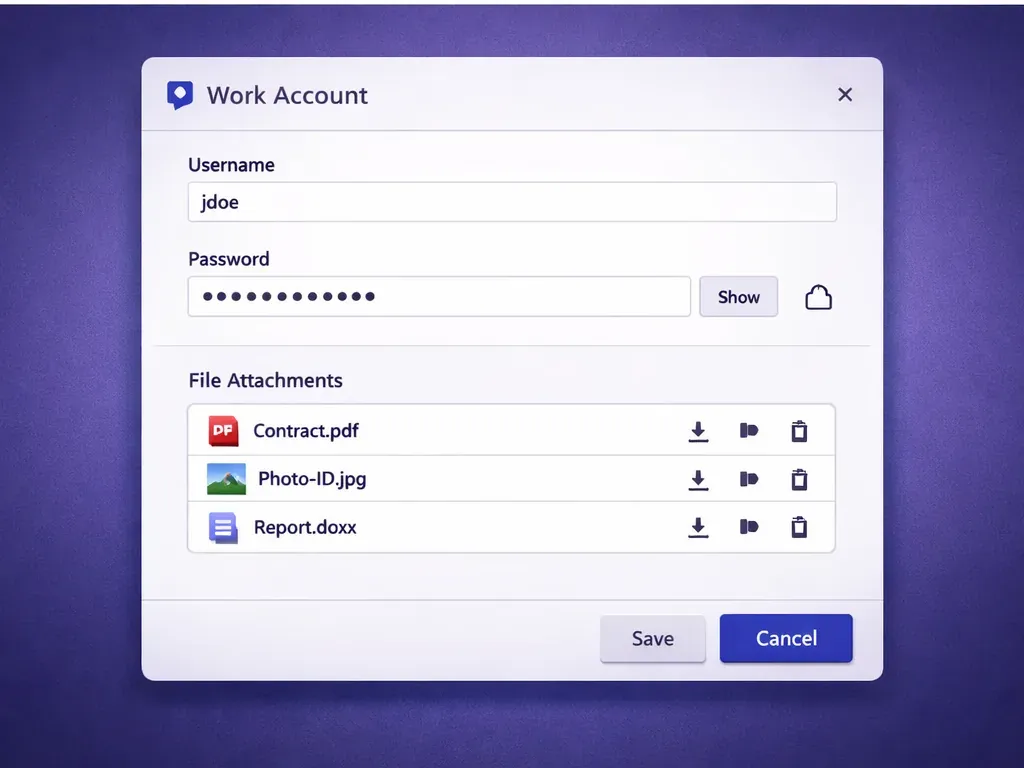 Illustration of a Proton Pass vault item displaying attached files such as documents and images.
