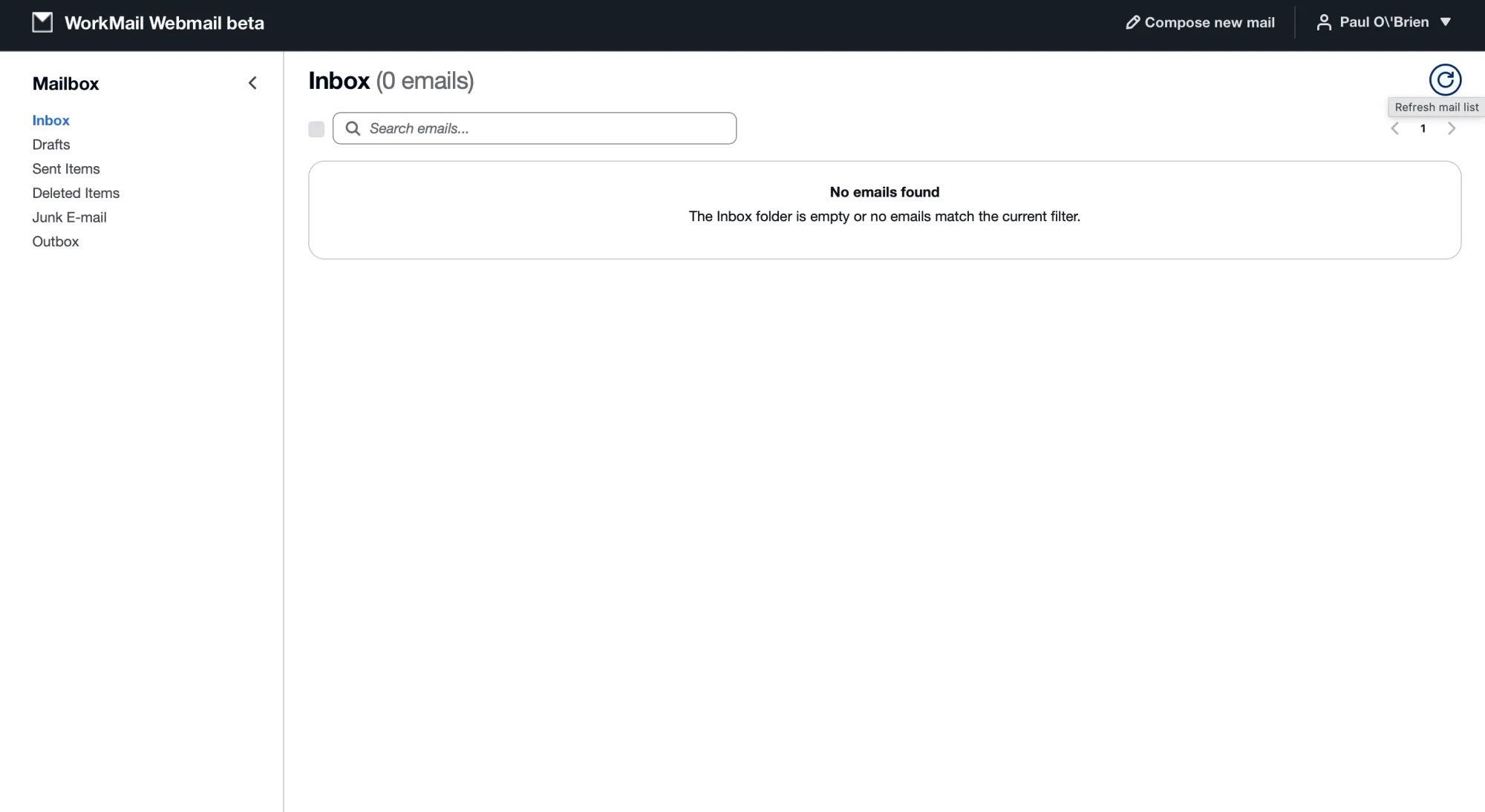 Amazon WorkMail webmail interface showing inbox, folders, and minimal layout