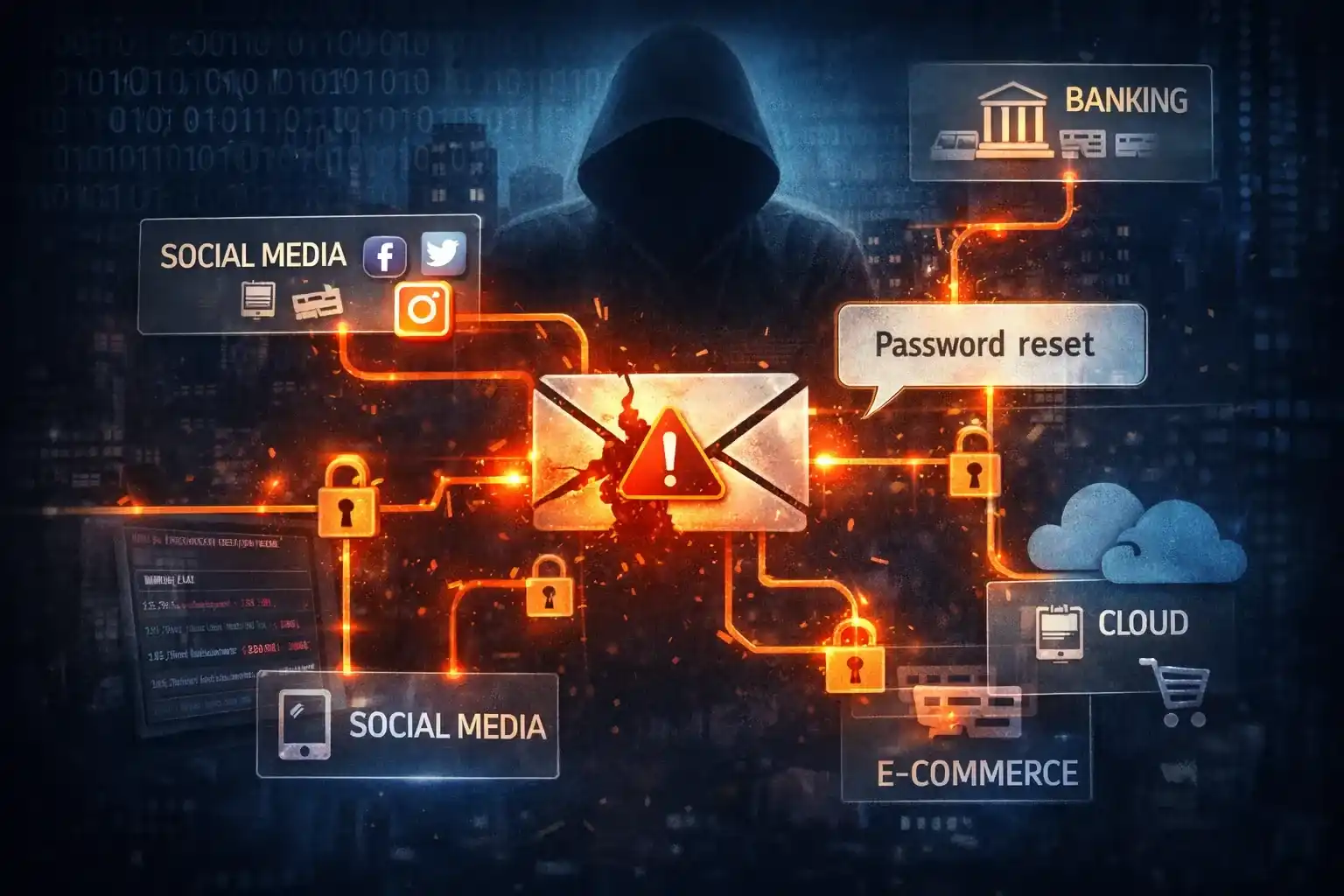 Diagram showing how a compromised email account can be used to reset passwords and access banking, social media, cloud and shopping accounts