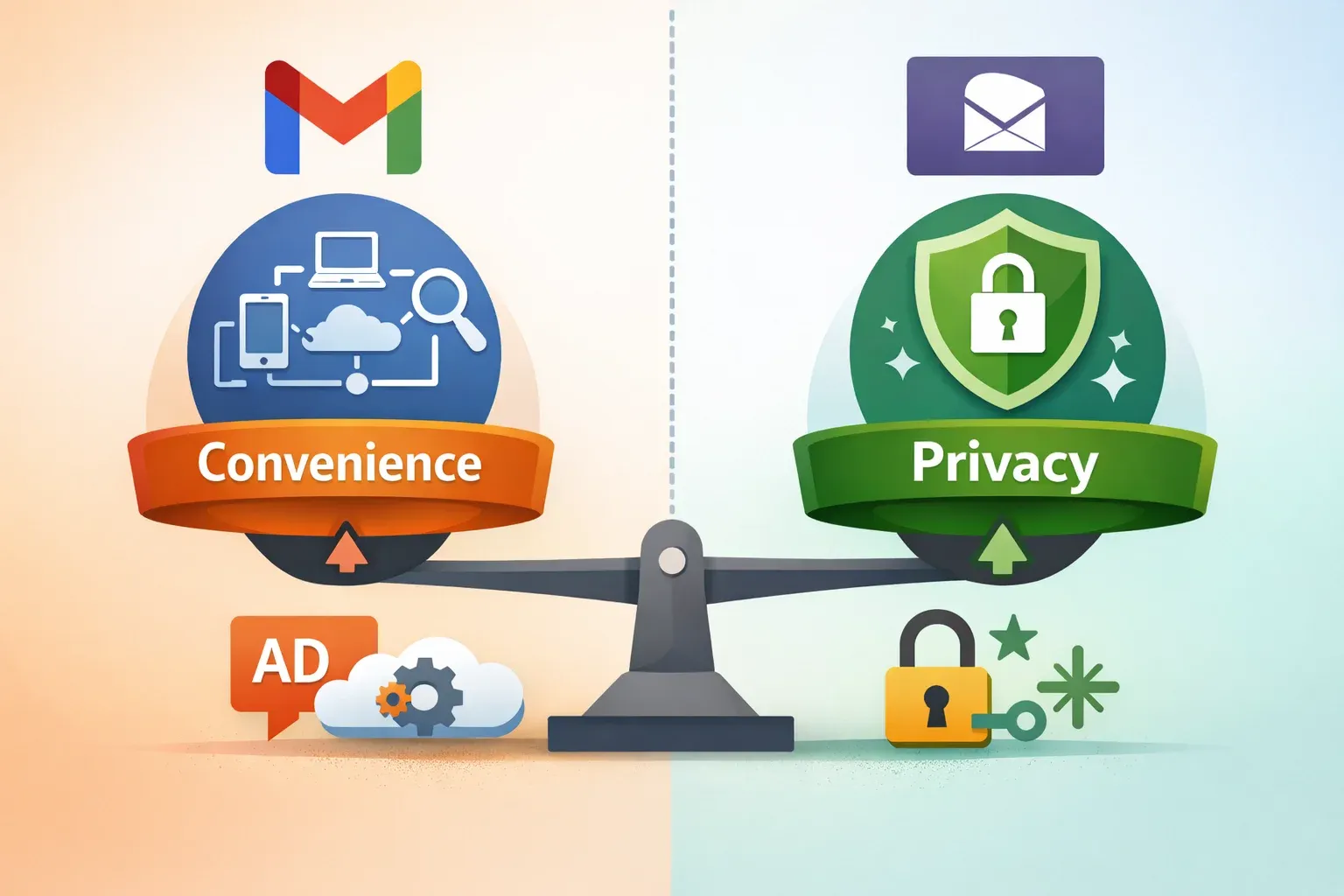 High-level comparison of Gmail’s convenience-focused model and Proton Mail’s privacy-first approach