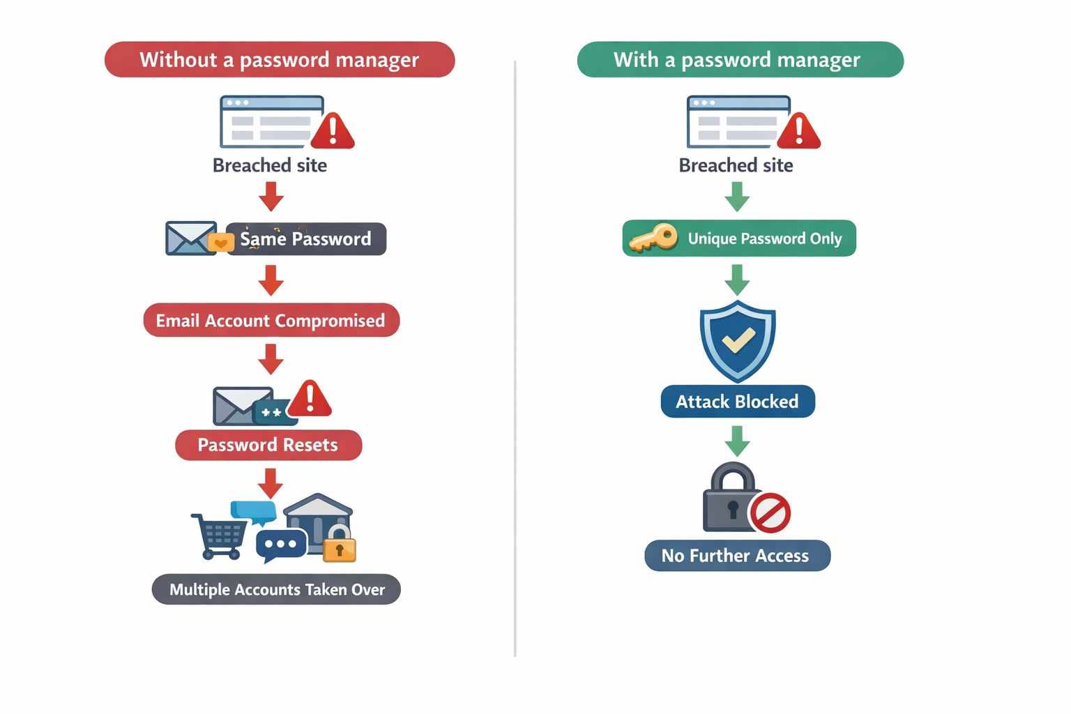 Diagram showing how password managers and email aliases work together to limit damage from data breaches