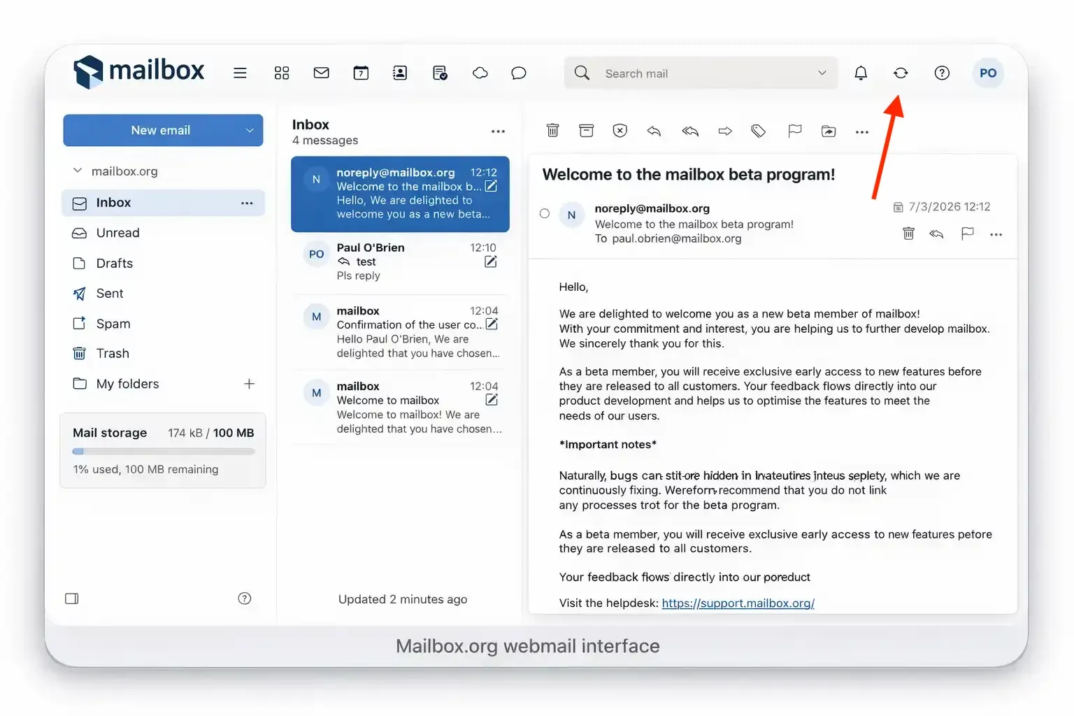 Mailbox.org webmail interface showing folders, message list, and reading pane in a three-pane layout