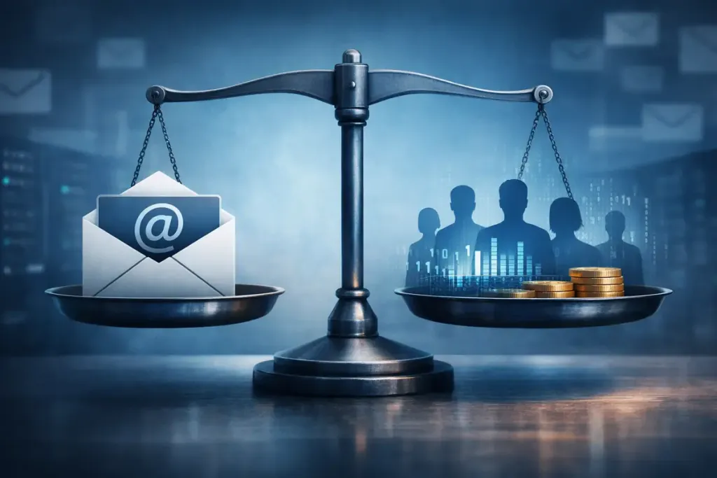 Abstract illustration showing the hidden trade-offs between free and paid email services