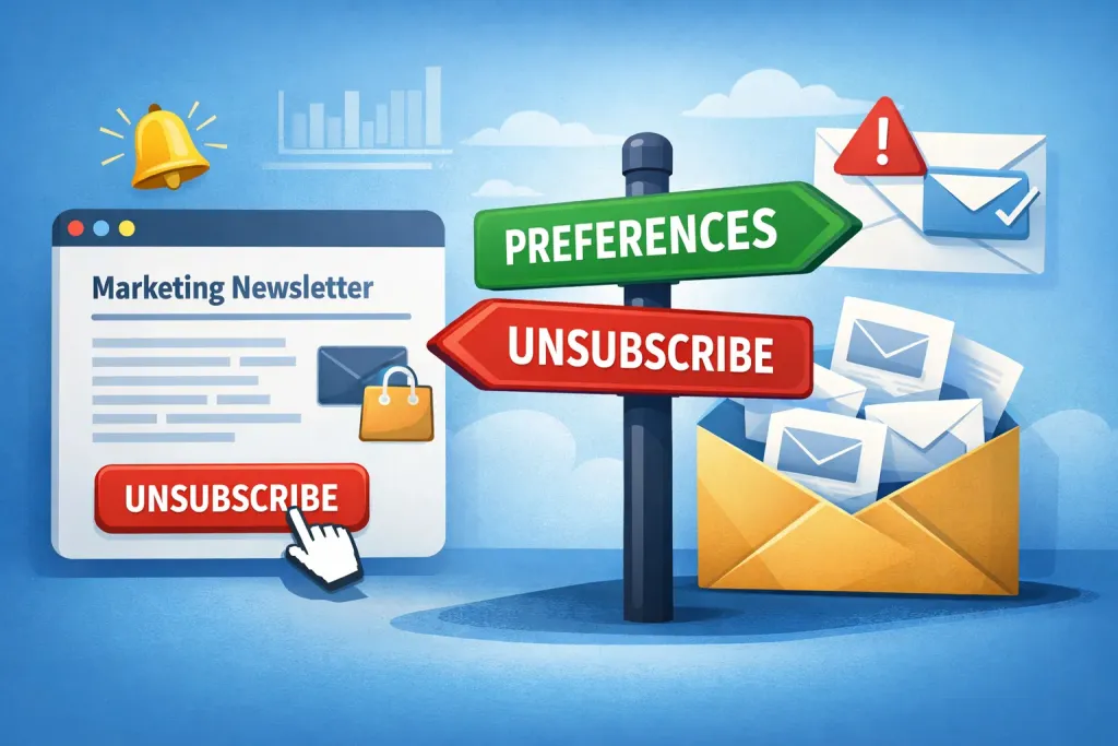 Illustration showing a marketing email with an unsubscribe button and a signpost pointing to unsubscribe or preferences.