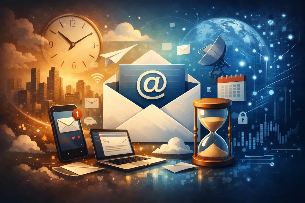 Illustration showing email as the central identity and communication layer across modern digital devices