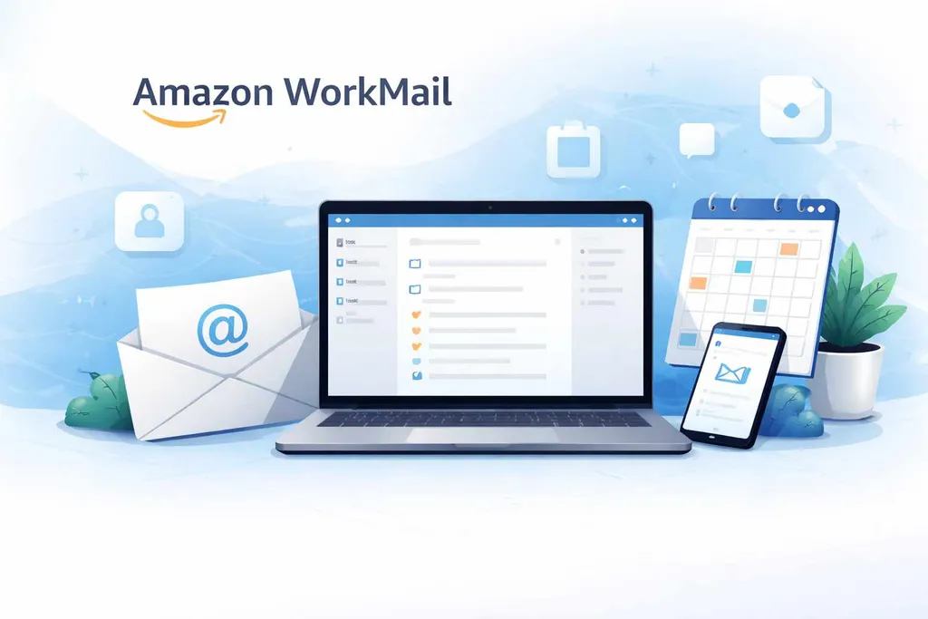 Illustration of Amazon WorkMail showing webmail interface with calendar and mobile access