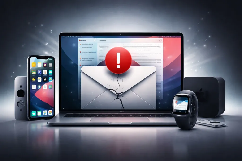 Apple devices with email app interface illustration