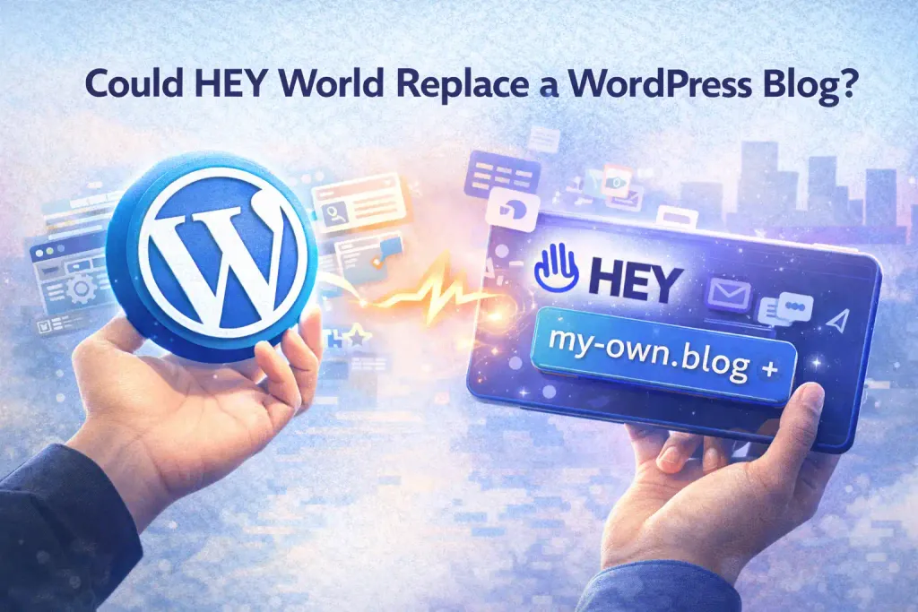 Illustration comparing WordPress and HEY World as two different approaches to publishing: a configurable website platform versus a simple email-to-web notebook.