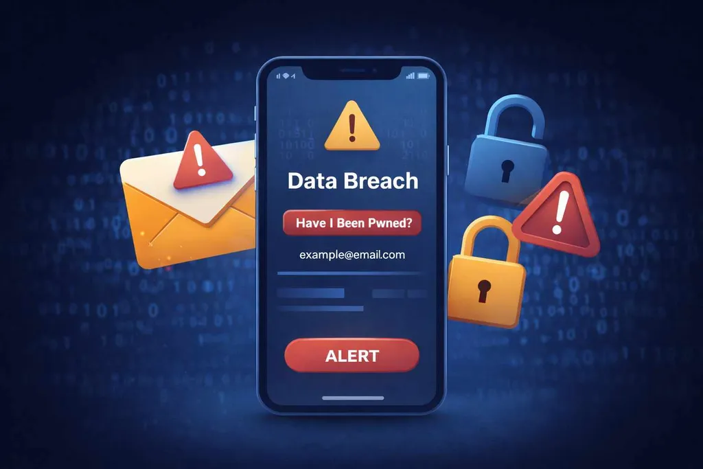 Illustration of an email address exposed in multiple data breaches with security warning icons