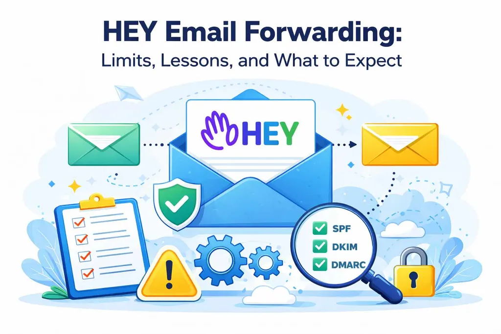 HEY logo with illustrated email flow showing forwarding and authentication checks.