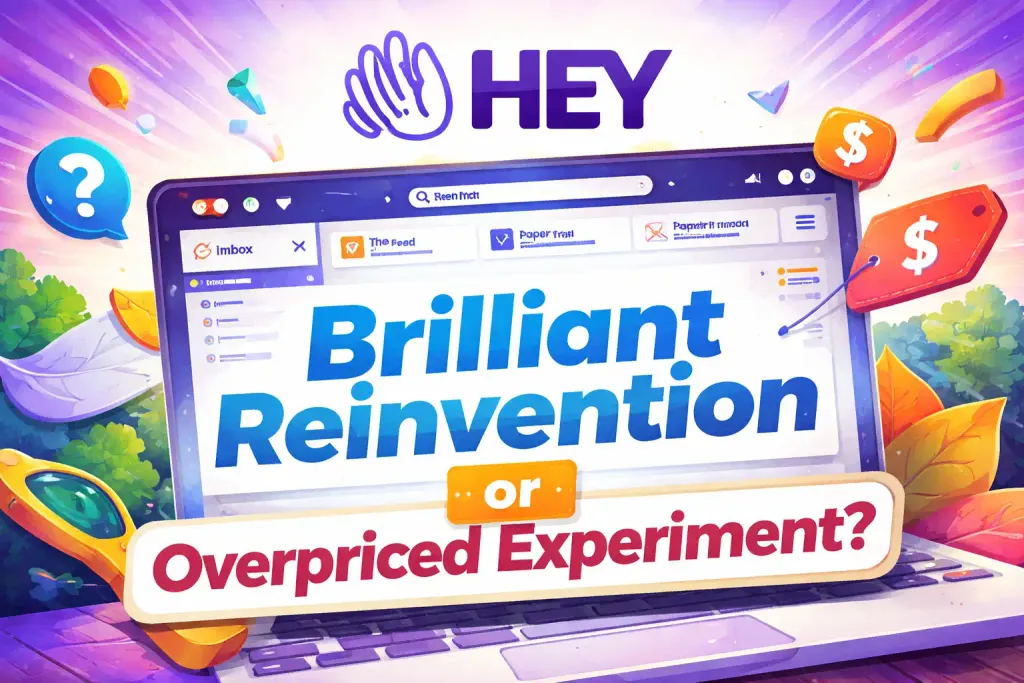 Illustration of the HEY email interface split between excitement and frustration