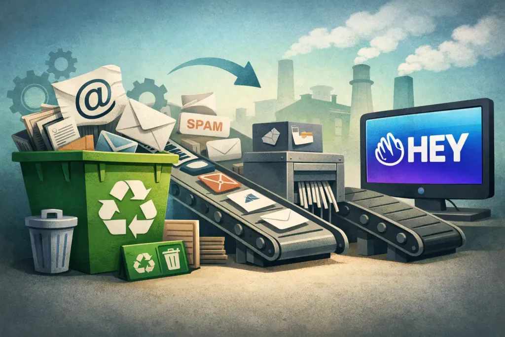 Illustration of an email inbox with messages being automatically removed, styled to reflect HEY.com’s Recycling Centre feature.