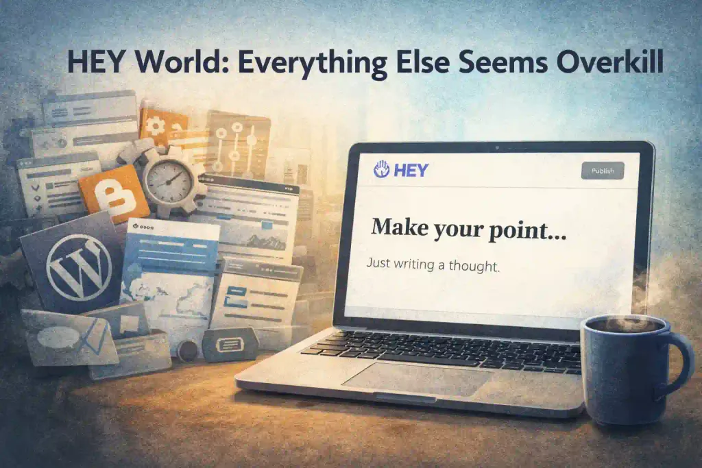 Illustration showing the HEY World publishing interface with a minimalist layout emphasising simplicity and focus