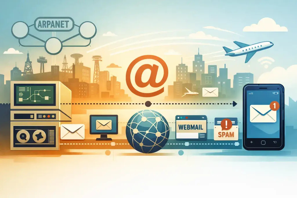 Illustration showing the evolution of email from early network computers to modern devices