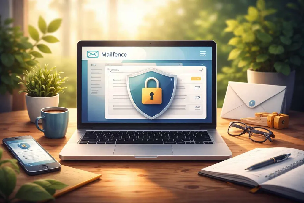 Mailfence email interface displayed on a laptop with security shield and padlock, representing OpenPGP encryption and private email.