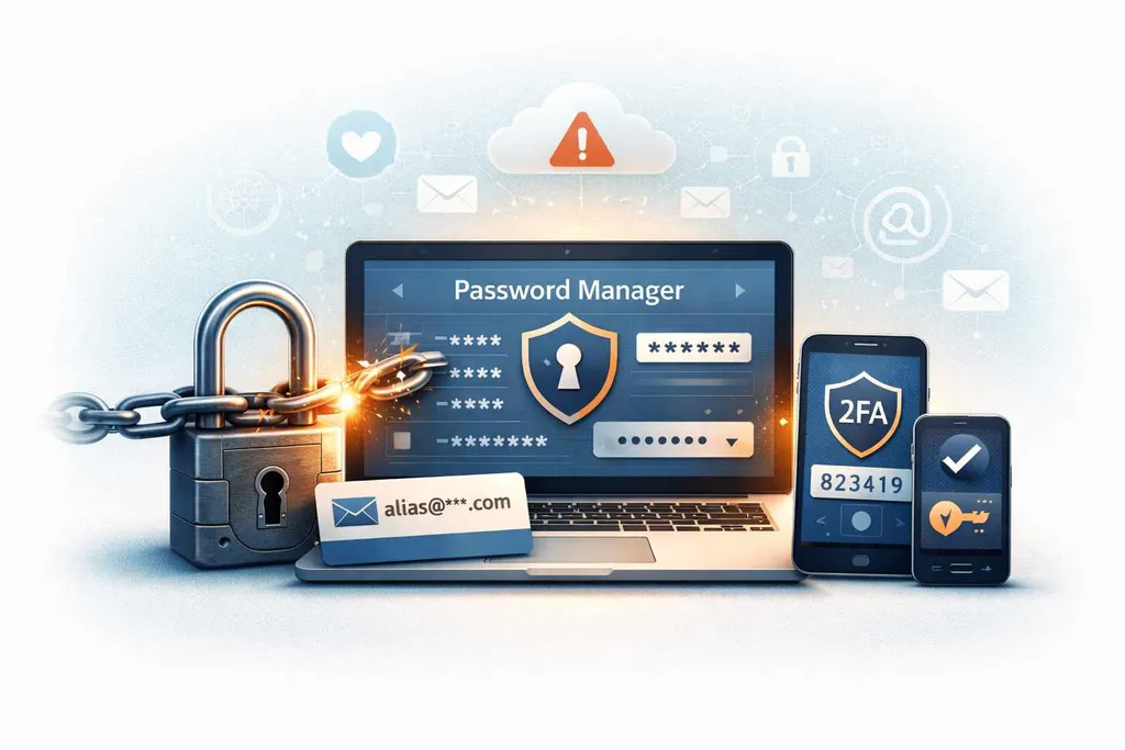 Illustration of a password manager protecting login details and email aliases across multiple online accounts