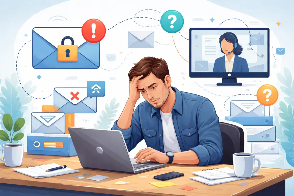 Illustration showing delays and escalation problems in email provider support.