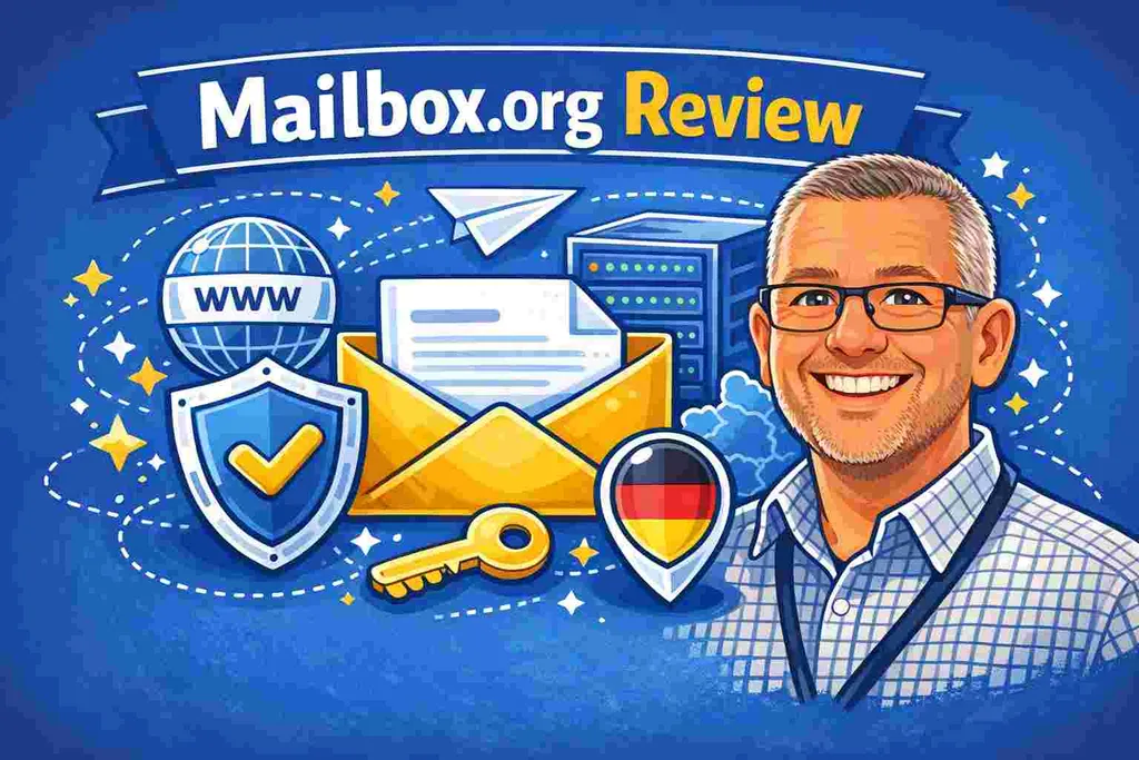Mailbox.org review feature image with Paul O'Brien and security icons on a blue background